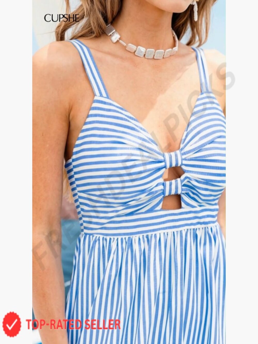 Striped Smocked Back Midi Sundress Cutout Spaghetti Strap Knot Front Flowy - Picture 7 of 7